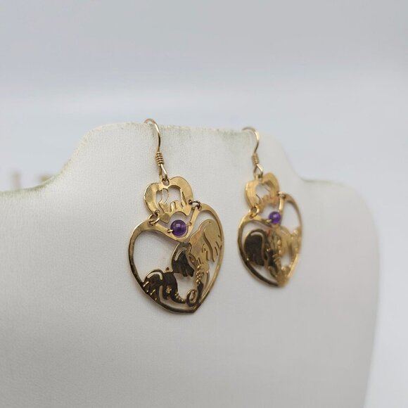 Wild Bryde Gold Plated Elephant Heart Dangle Earrings With Amethyst Beads - Picture 2 of 6